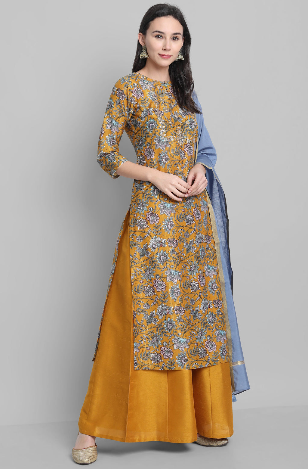 Janasya Women's Mustard Poly Muslin Embroidered Kurta With Palazzo And Dupatta | Grocsy