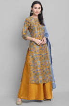 Janasya Women's Mustard Poly Muslin Embroidered Kurta With Palazzo And Dupatta | Grocsy