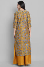 Janasya Women's Mustard Poly Muslin Embroidered Kurta With Palazzo And Dupatta | Grocsy