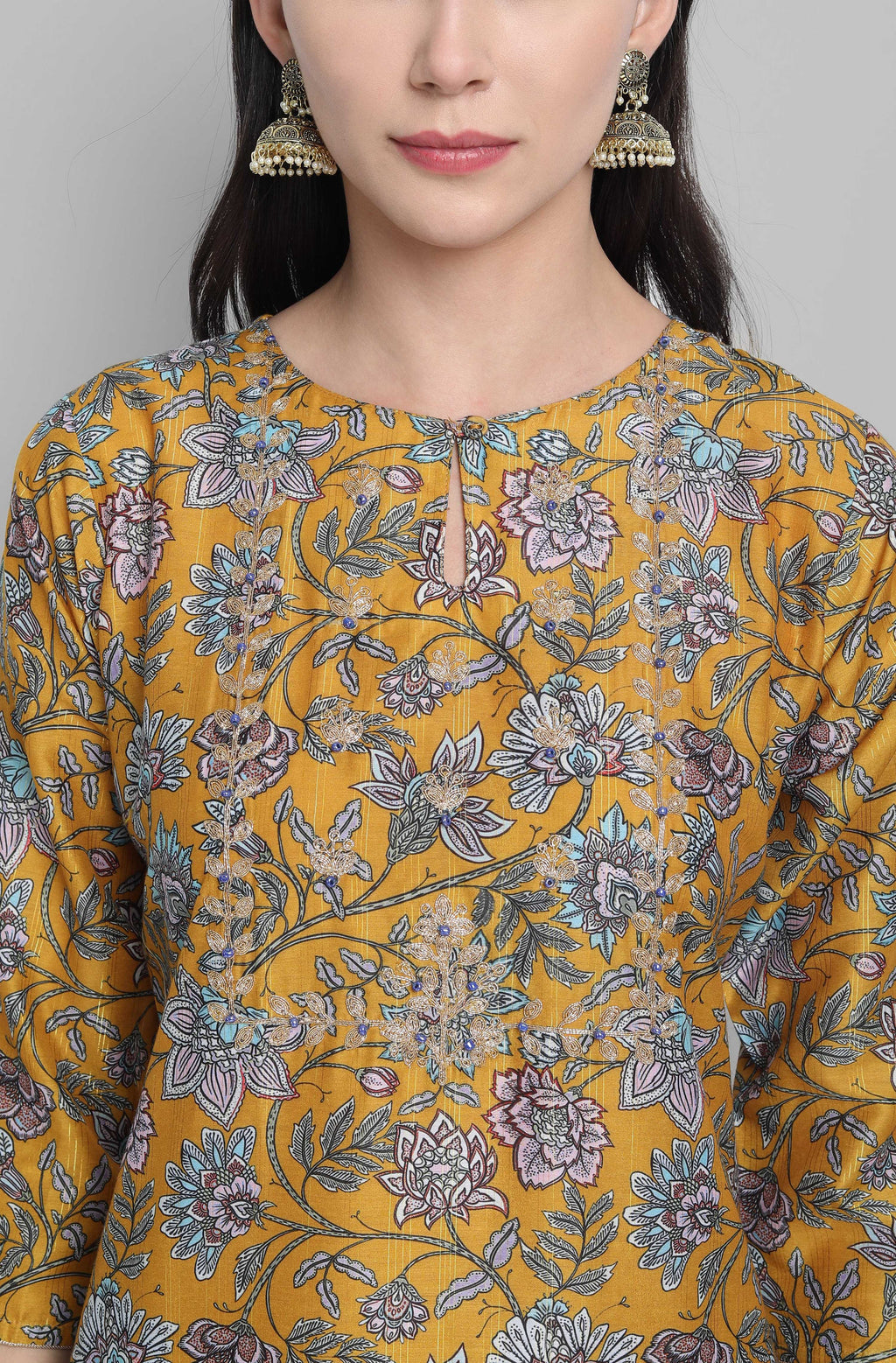 Janasya Women's Mustard Poly Muslin Embroidered Kurta With Palazzo And Dupatta | Grocsy