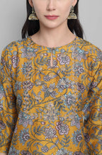 Janasya Women's Mustard Poly Muslin Embroidered Kurta With Palazzo And Dupatta | Grocsy