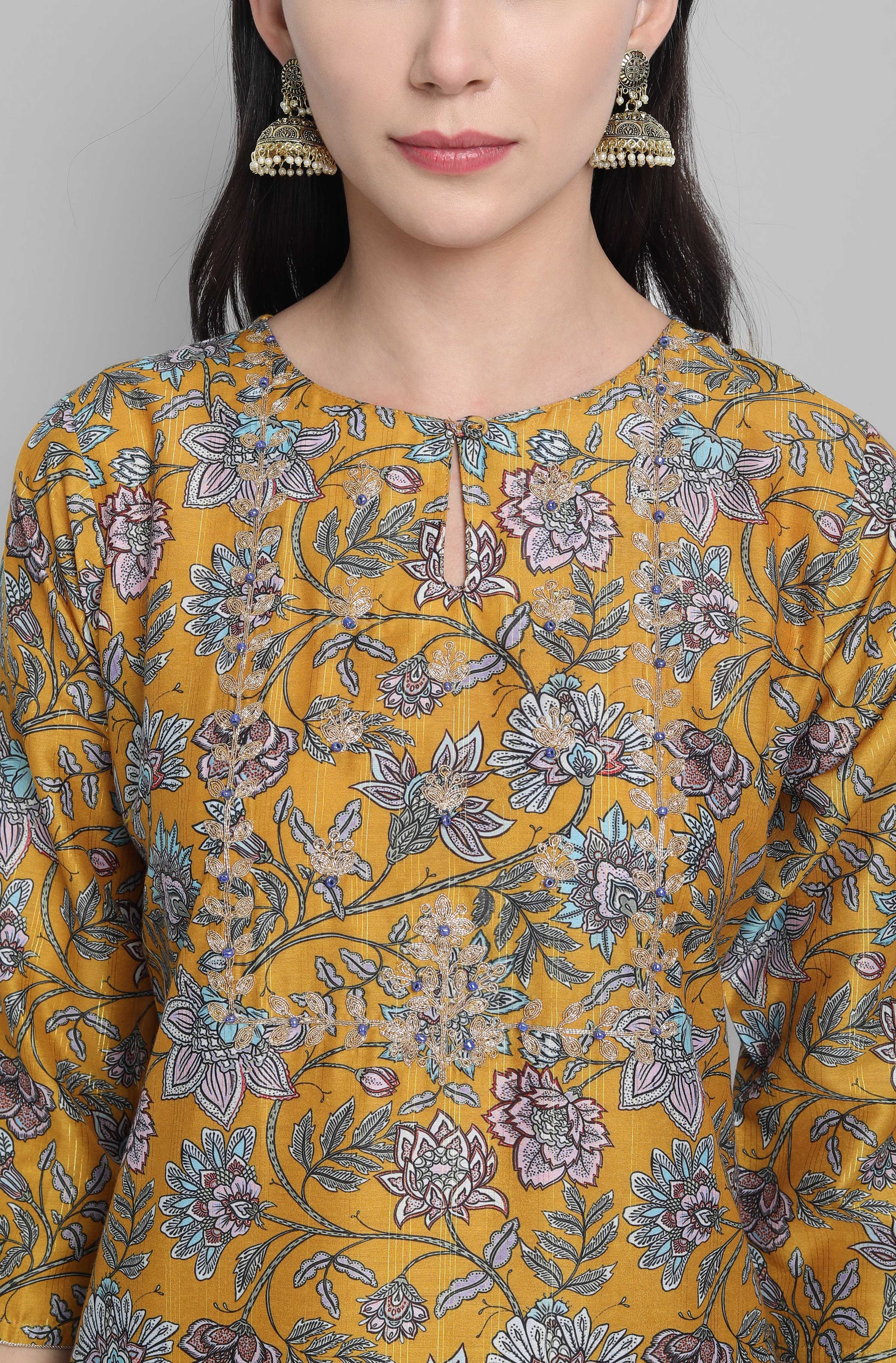 Janasya Women's Mustard Poly Muslin Embroidered Kurta With Palazzo And Dupatta | Grocsy
