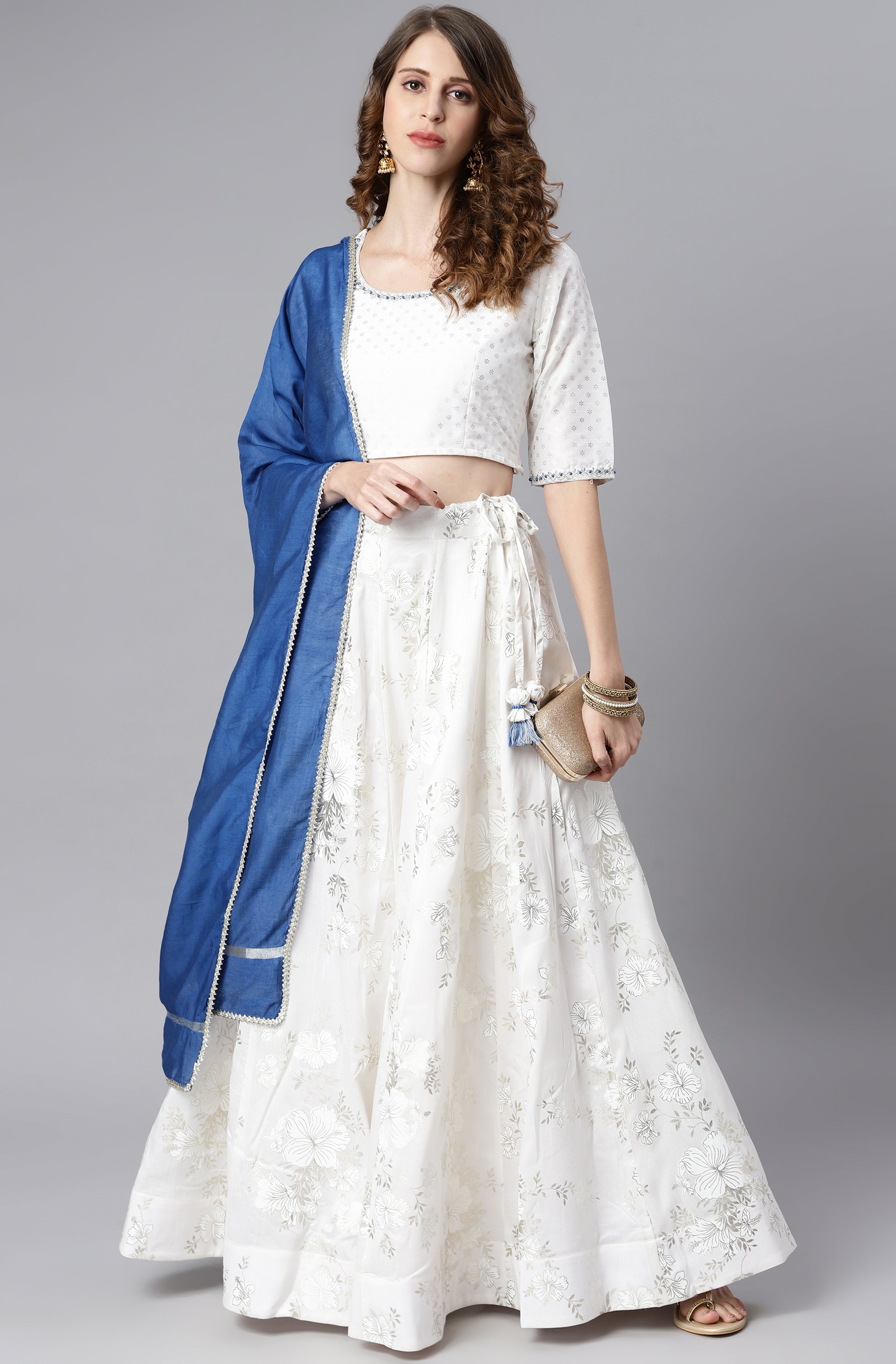 Janasya Women's White Poly Silk Floral Print Lehenga Choli With Dupatta | Grocsy
