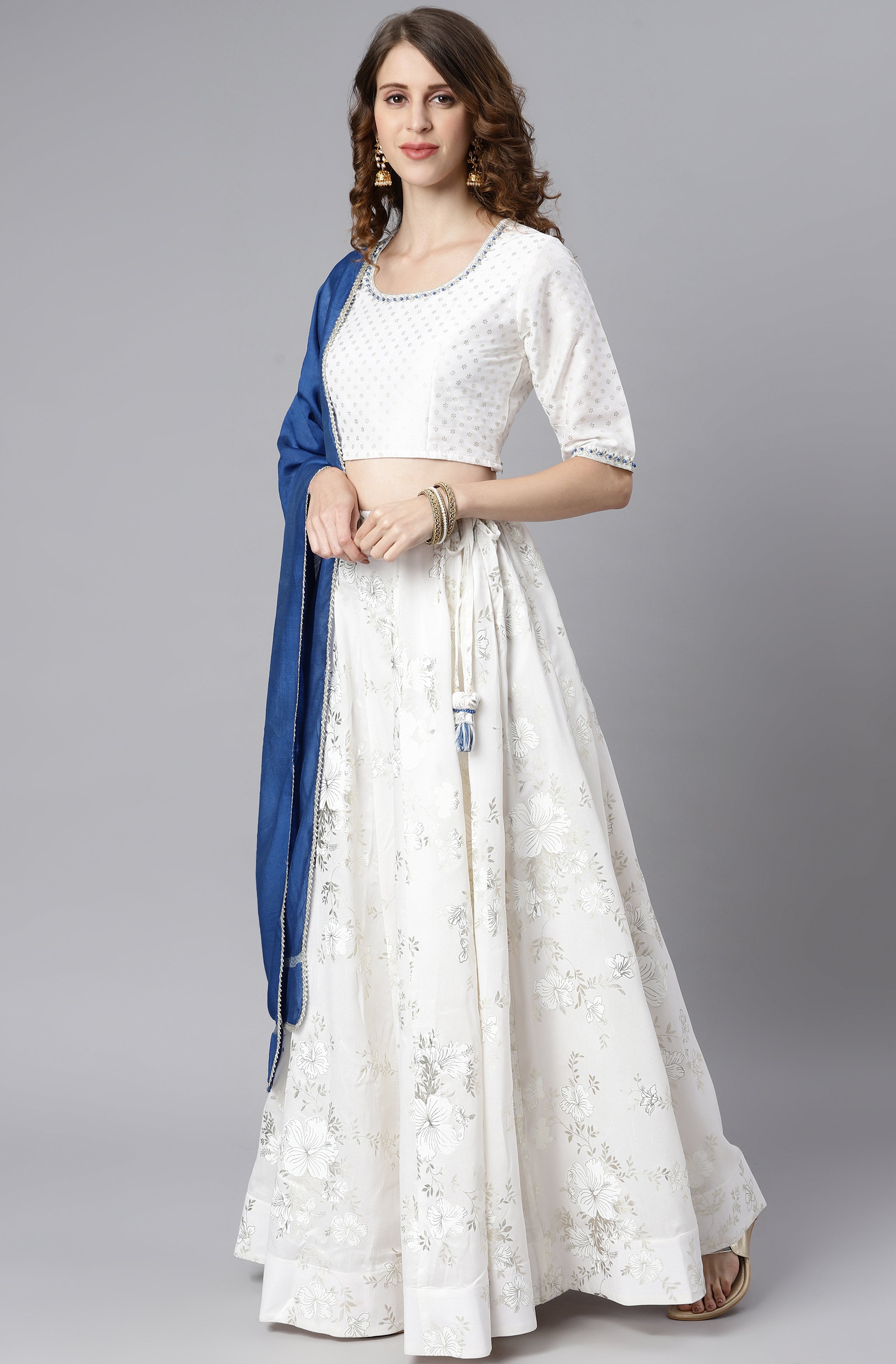 Janasya Women's White Poly Silk Floral Print Lehenga Choli With Dupatta | Grocsy
