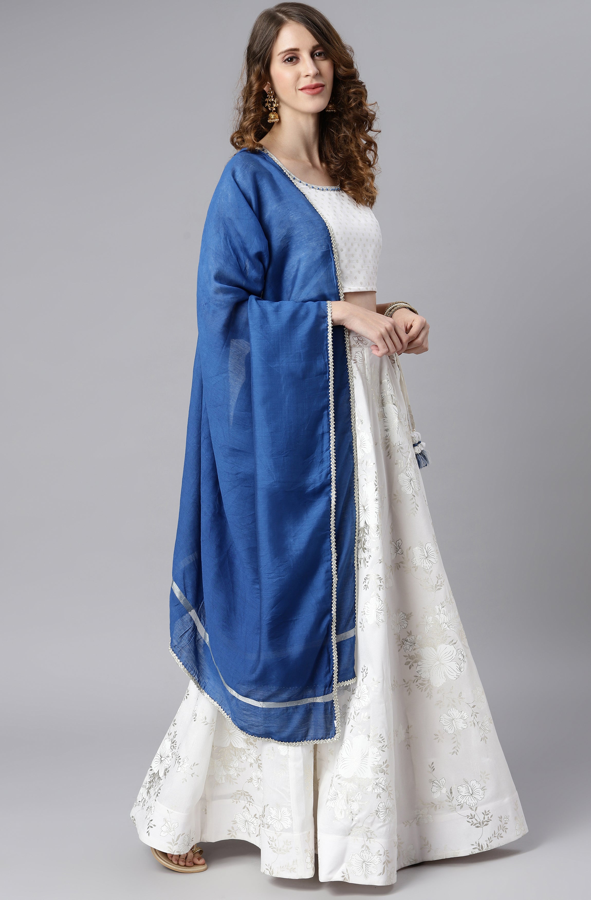 Janasya Women's White Poly Silk Floral Print Lehenga Choli With Dupatta | Grocsy