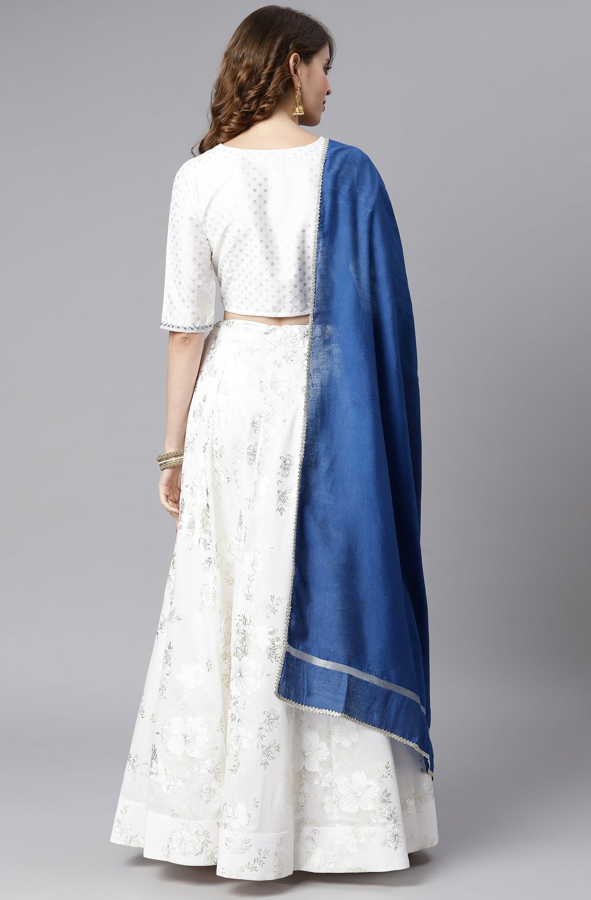 Janasya Women's White Poly Silk Floral Print Lehenga Choli With Dupatta | Grocsy