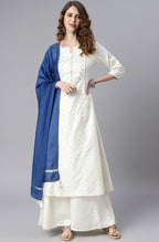 Janasya Women's Off- White Poly Silk Ethnic Motifs Kurta With Palazzo And Dupatta | Grocsy