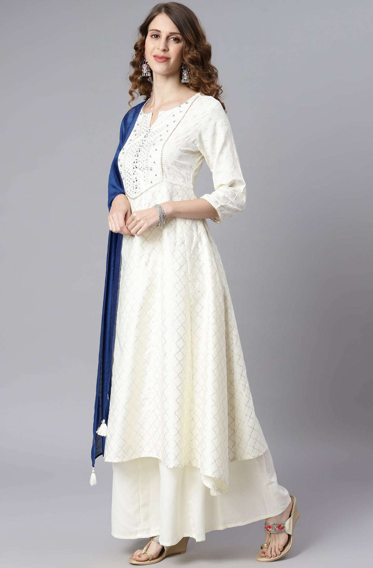 Janasya Women's Off- White Poly Silk Ethnic Motifs Kurta With Palazzo And Dupatta | Grocsy