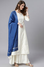 Janasya Women's Off- White Poly Silk Ethnic Motifs Kurta With Palazzo And Dupatta | Grocsy