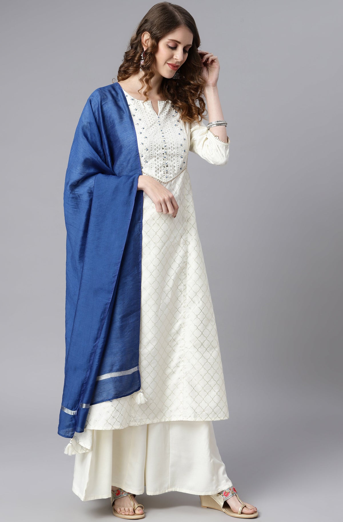 Janasya Women's Off- White Poly Silk Ethnic Motifs Kurta With Palazzo And Dupatta | Grocsy