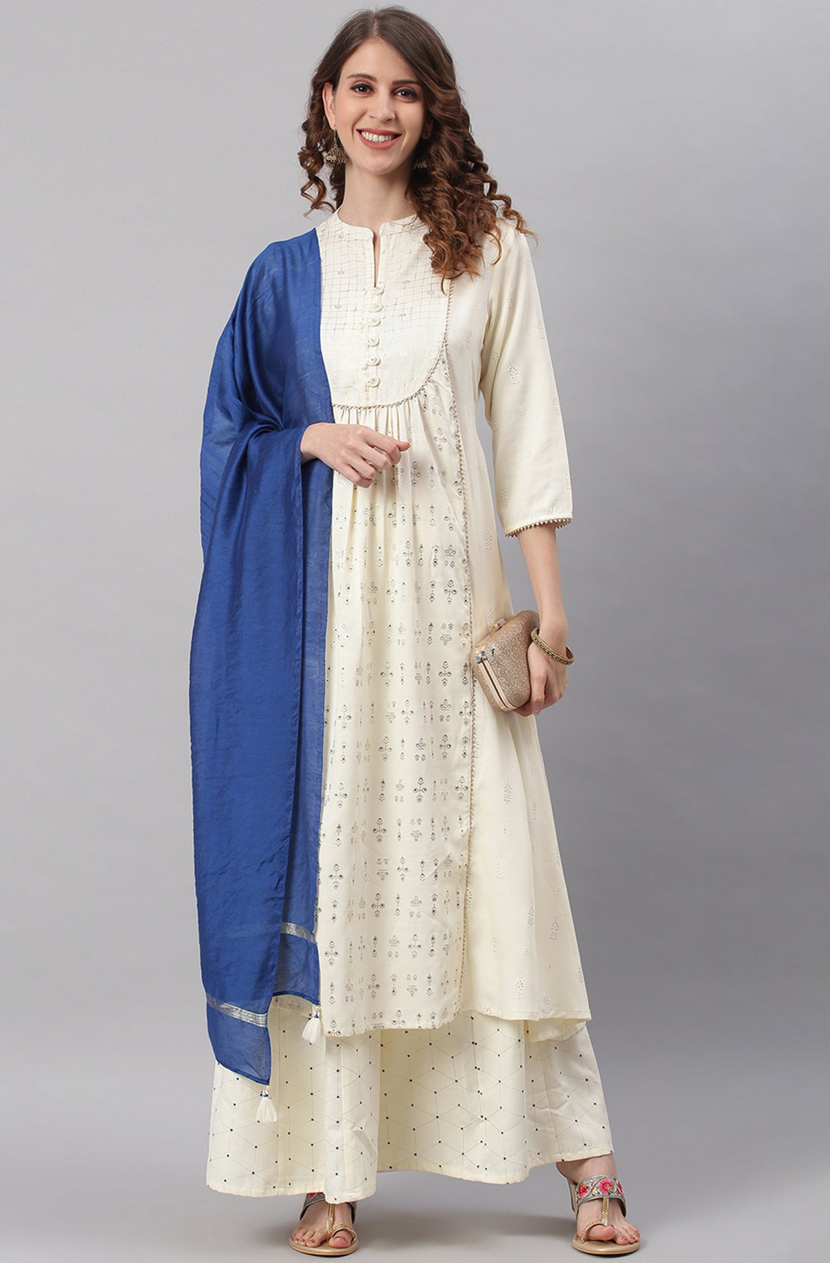 Janasya Women's Off- White Poly Silk Ethnic Motifs Kurta With Palazzo And Dupatta | Grocsy