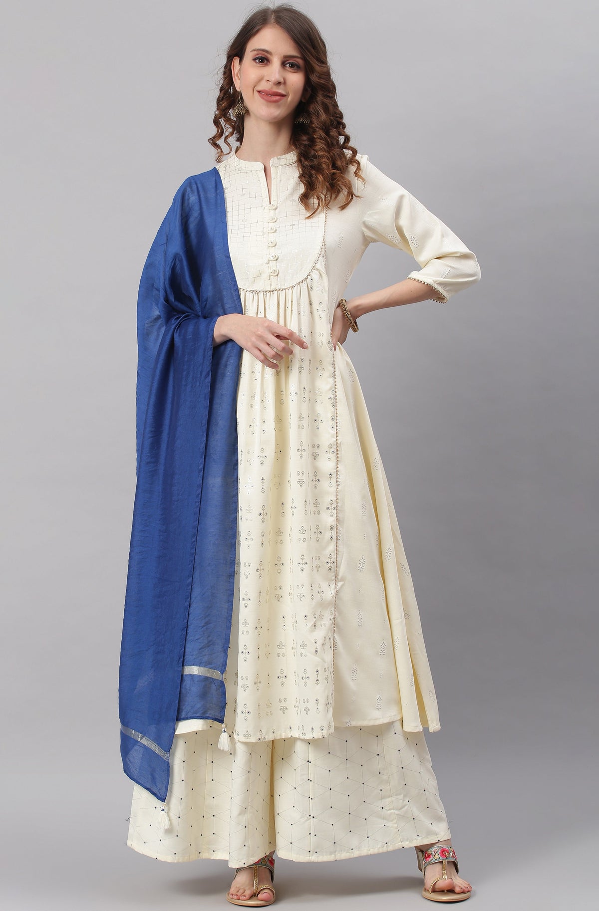Janasya Women's Off- White Poly Silk Ethnic Motifs Kurta With Palazzo And Dupatta | Grocsy