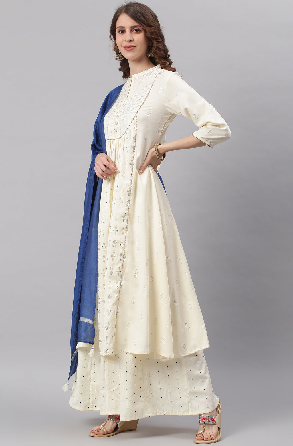 Janasya Women's Off- White Poly Silk Ethnic Motifs Kurta With Palazzo And Dupatta | Grocsy