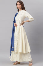 Janasya Women's Off- White Poly Silk Ethnic Motifs Kurta With Palazzo And Dupatta | Grocsy