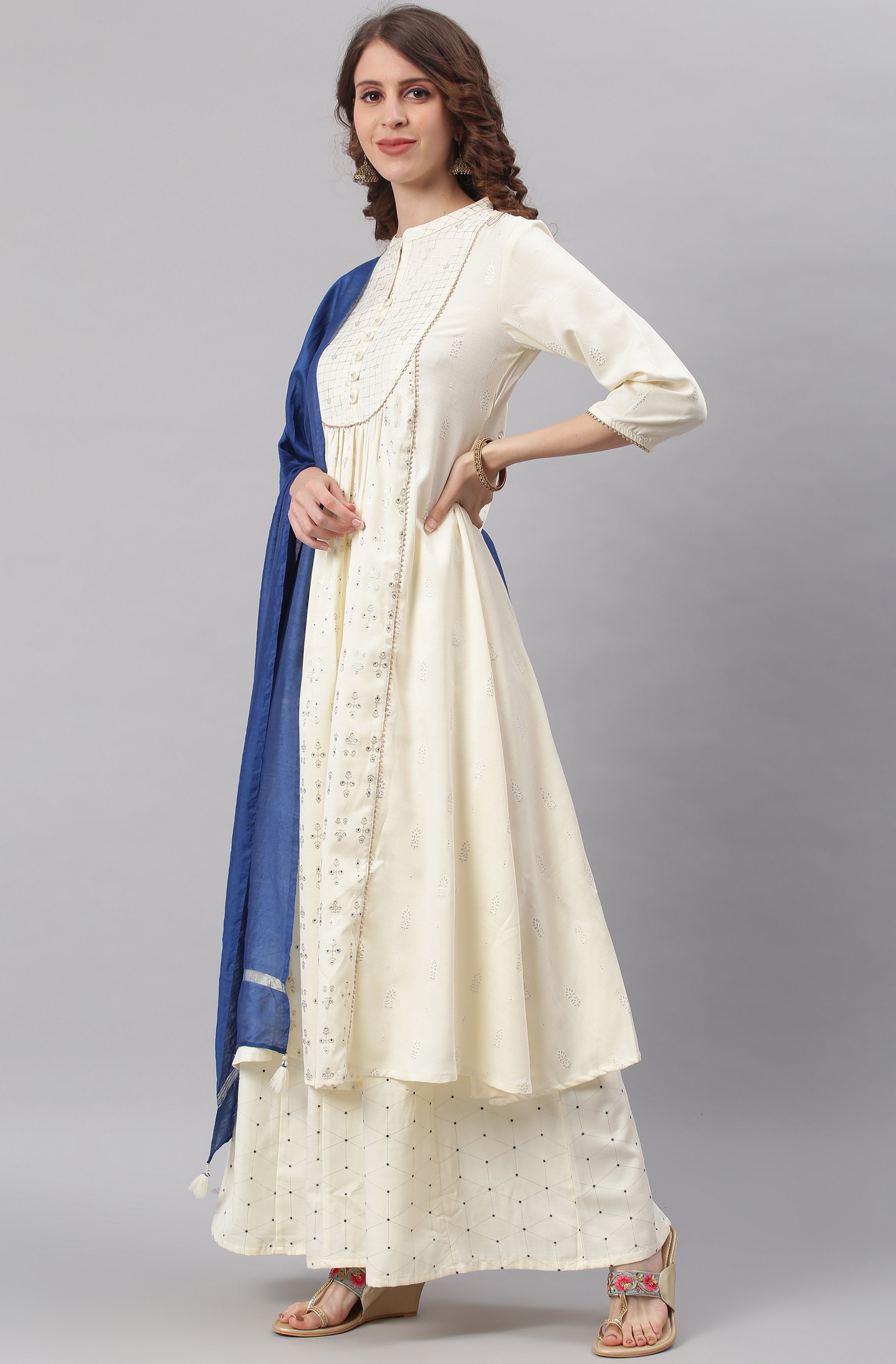 Janasya Women's Off- White Poly Silk Ethnic Motifs Kurta With Palazzo And Dupatta | Grocsy