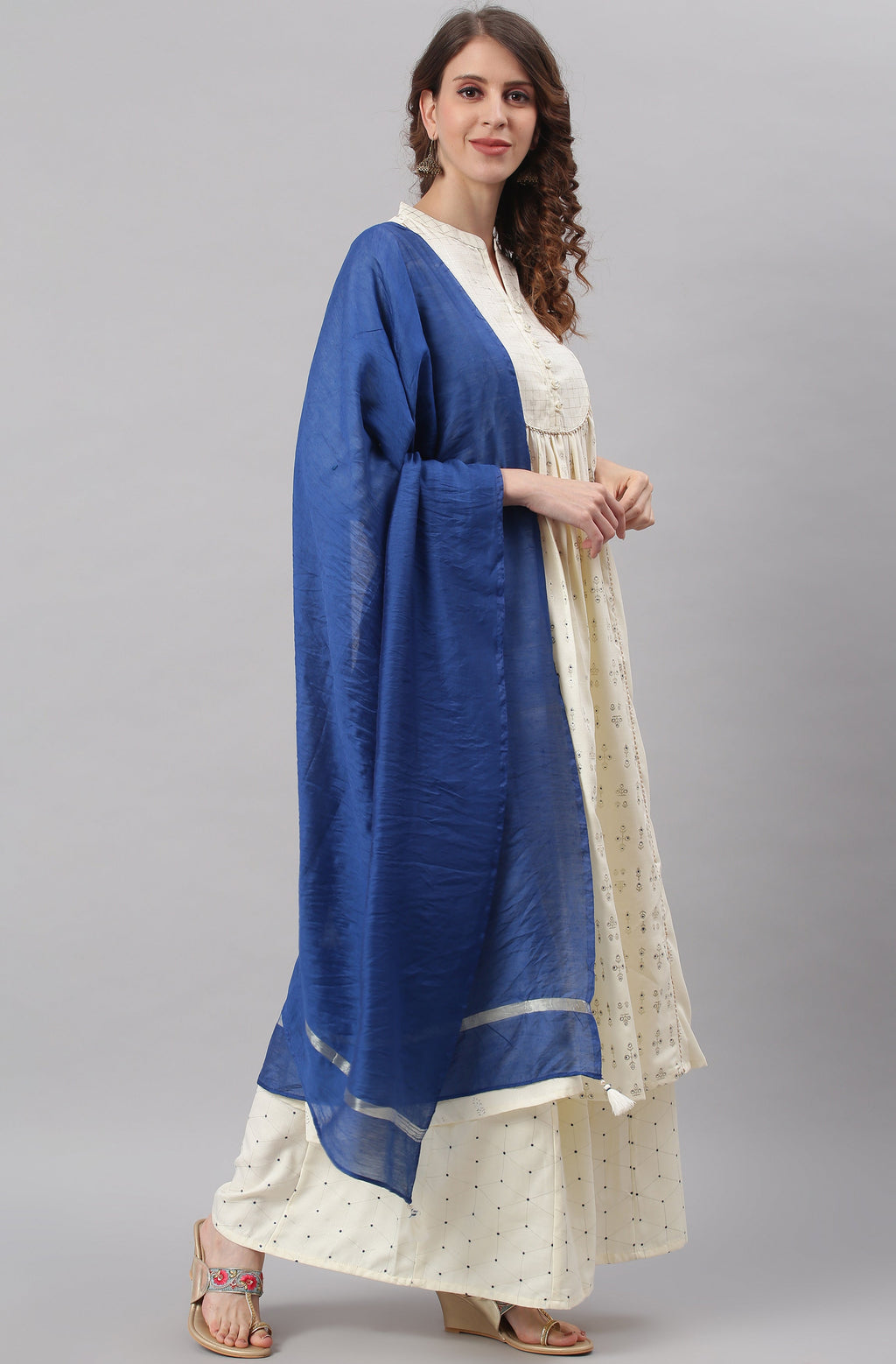 Janasya Women's Off- White Poly Silk Ethnic Motifs Kurta With Palazzo And Dupatta | Grocsy