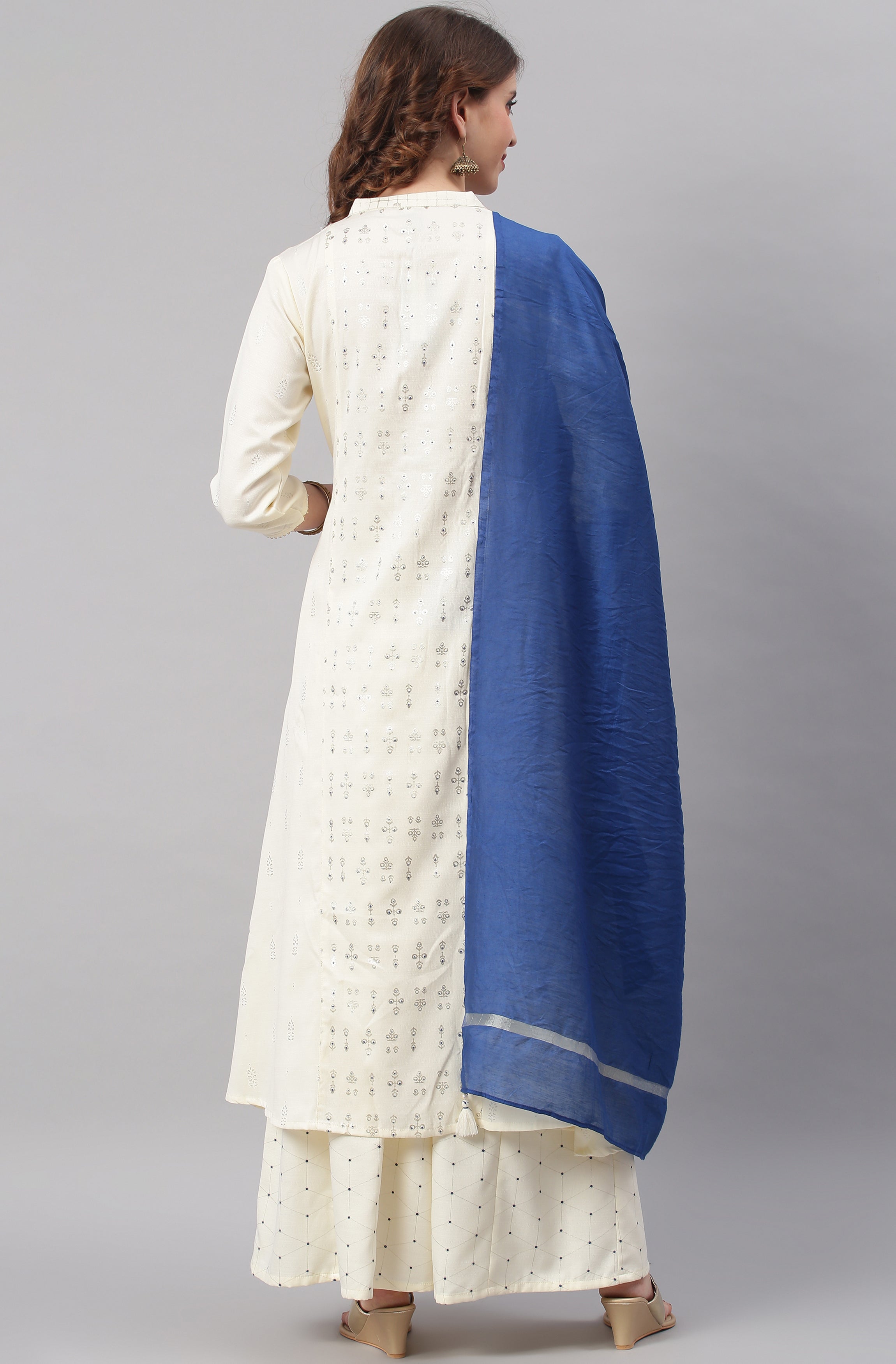 Janasya Women's Off- White Poly Silk Ethnic Motifs Kurta With Palazzo And Dupatta | Grocsy