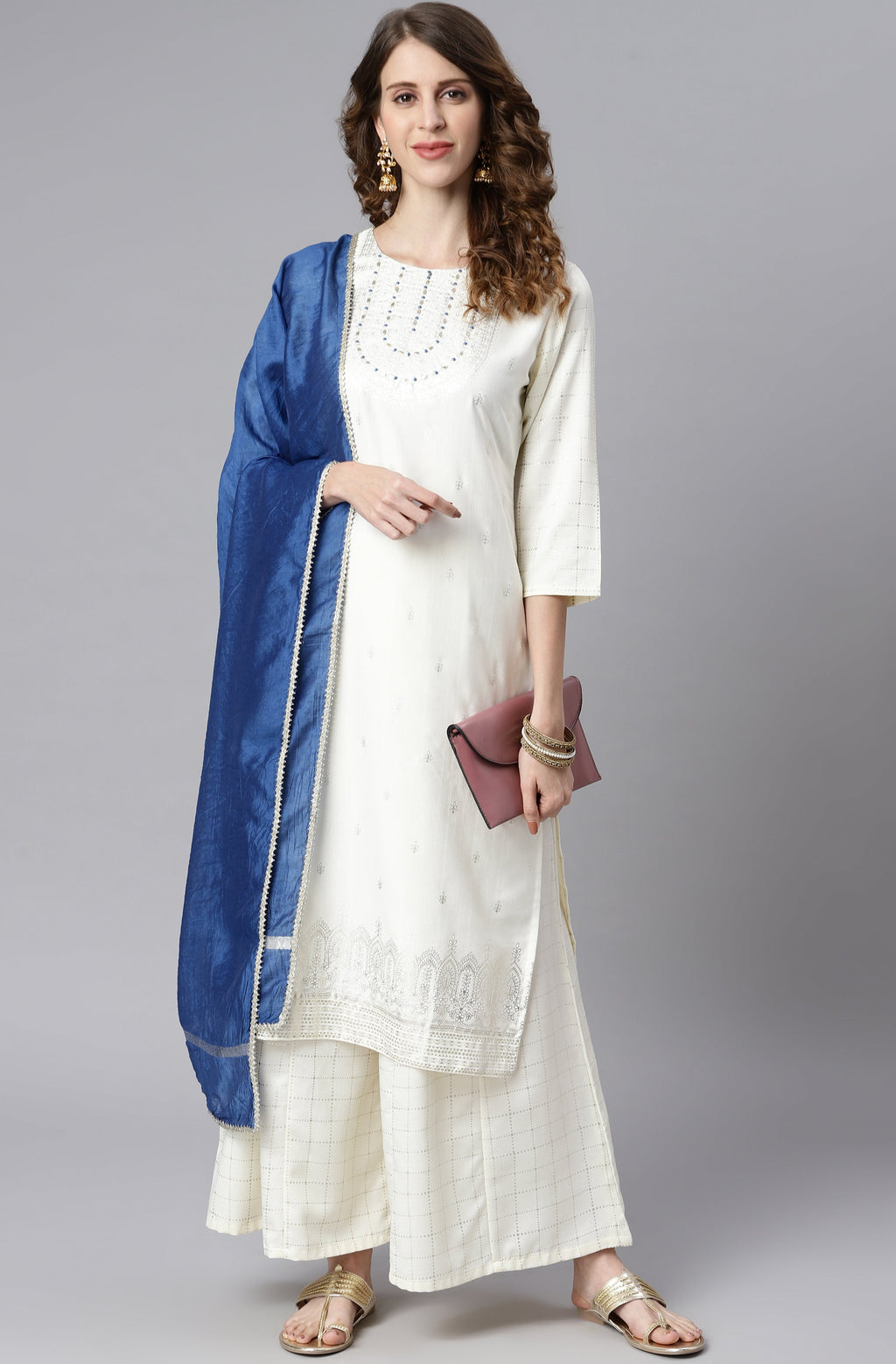 Janasya Women's Off- White Poly Silk Ethnic Motifs Kurta With Palazzo And Dupatta | Grocsy