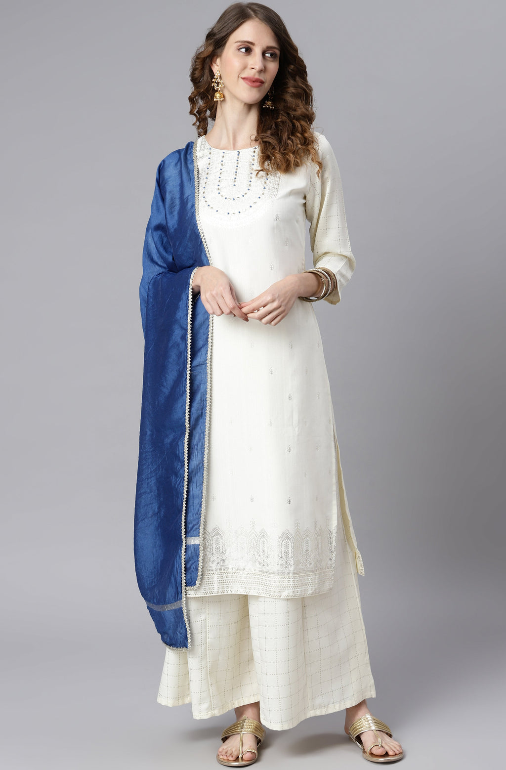 Janasya Women's Off- White Poly Silk Ethnic Motifs Kurta With Palazzo And Dupatta | Grocsy