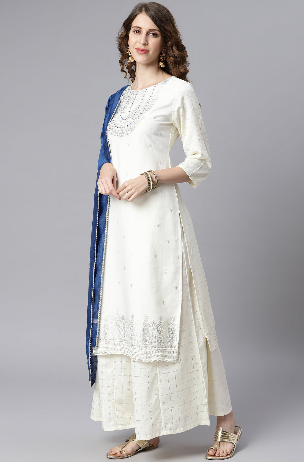Janasya Women's Off- White Poly Silk Ethnic Motifs Kurta With Palazzo And Dupatta | Grocsy