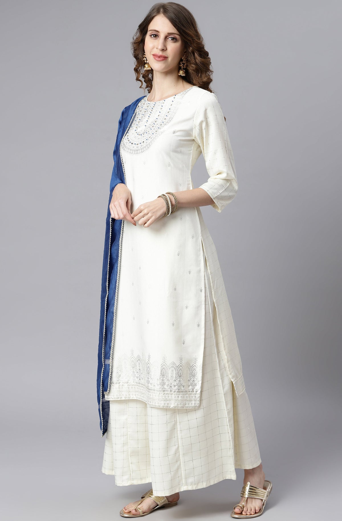Janasya Women's Off- White Poly Silk Ethnic Motifs Kurta With Palazzo And Dupatta | Grocsy