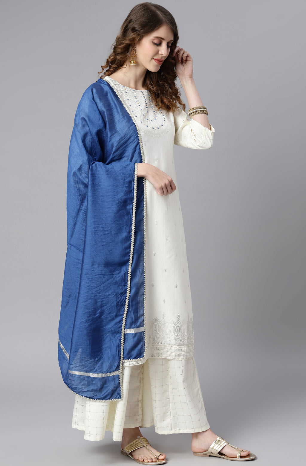Janasya Women's Off- White Poly Silk Ethnic Motifs Kurta With Palazzo And Dupatta | Grocsy