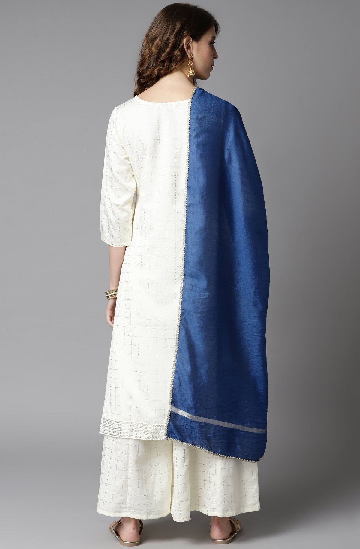 Janasya Women's Off- White Poly Silk Ethnic Motifs Kurta With Palazzo And Dupatta | Grocsy