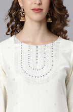 Janasya Women's Off- White Poly Silk Ethnic Motifs Kurta With Palazzo And Dupatta | Grocsy