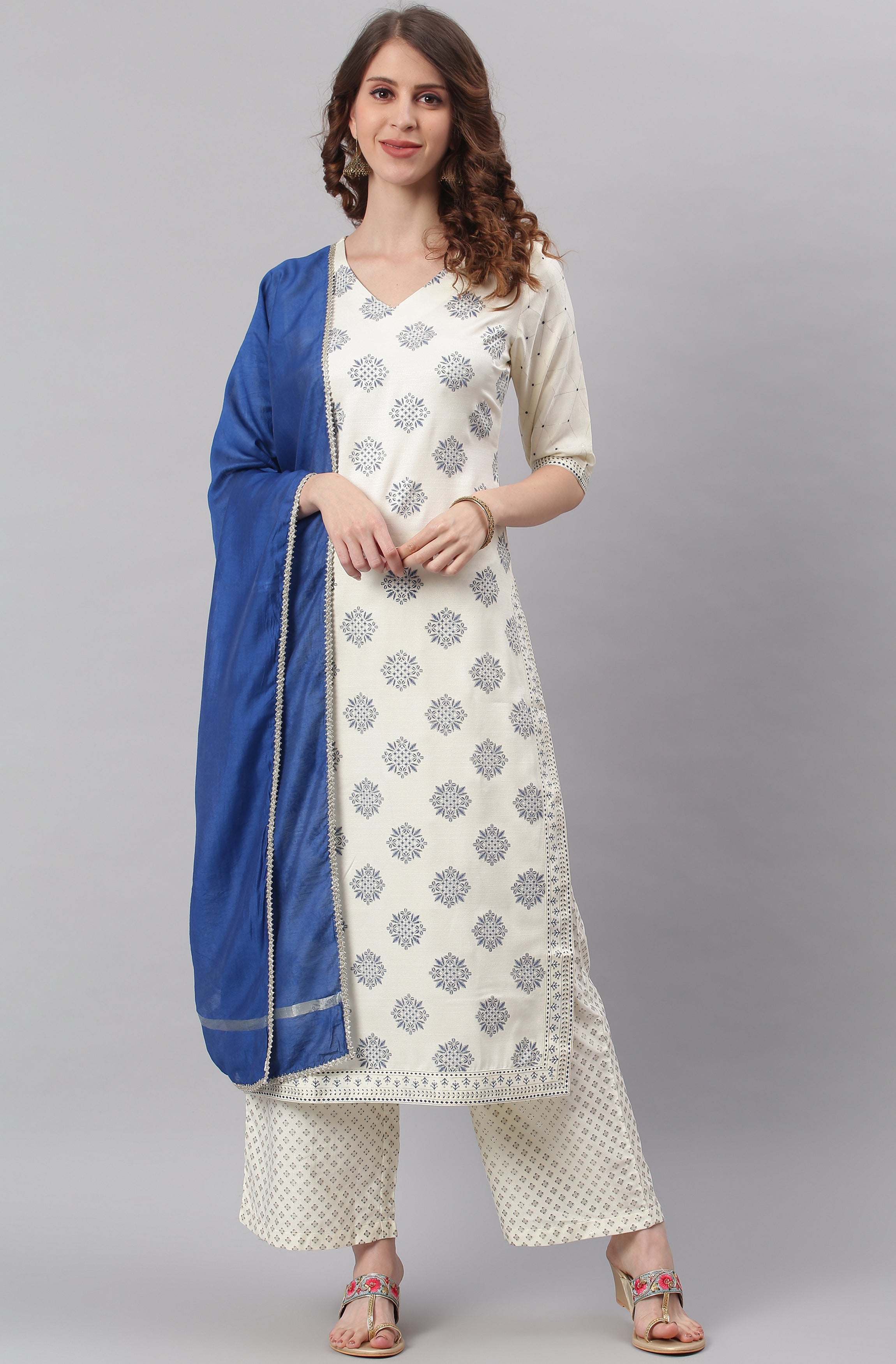 Janasya Women's Off- White Poly Silk Ethnic Motifs Kurta With Palazzo And Dupatta | Grocsy