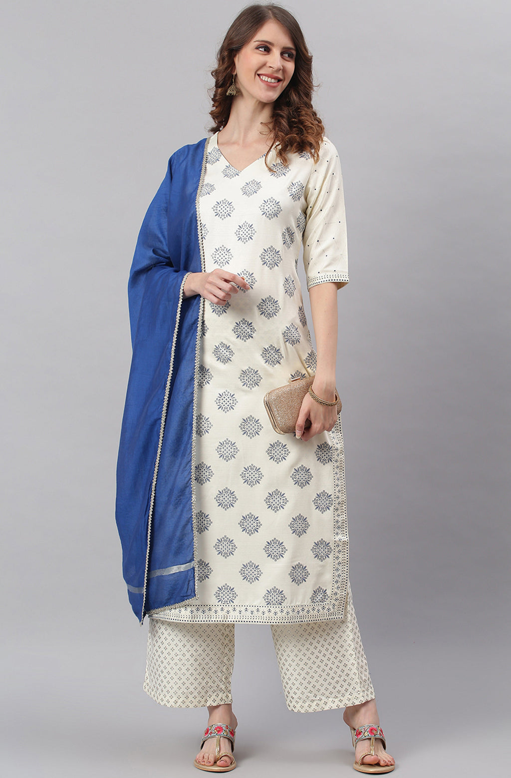 Janasya Women's Off- White Poly Silk Ethnic Motifs Kurta With Palazzo And Dupatta | Grocsy