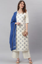 Janasya Women's Off- White Poly Silk Ethnic Motifs Kurta With Palazzo And Dupatta | Grocsy