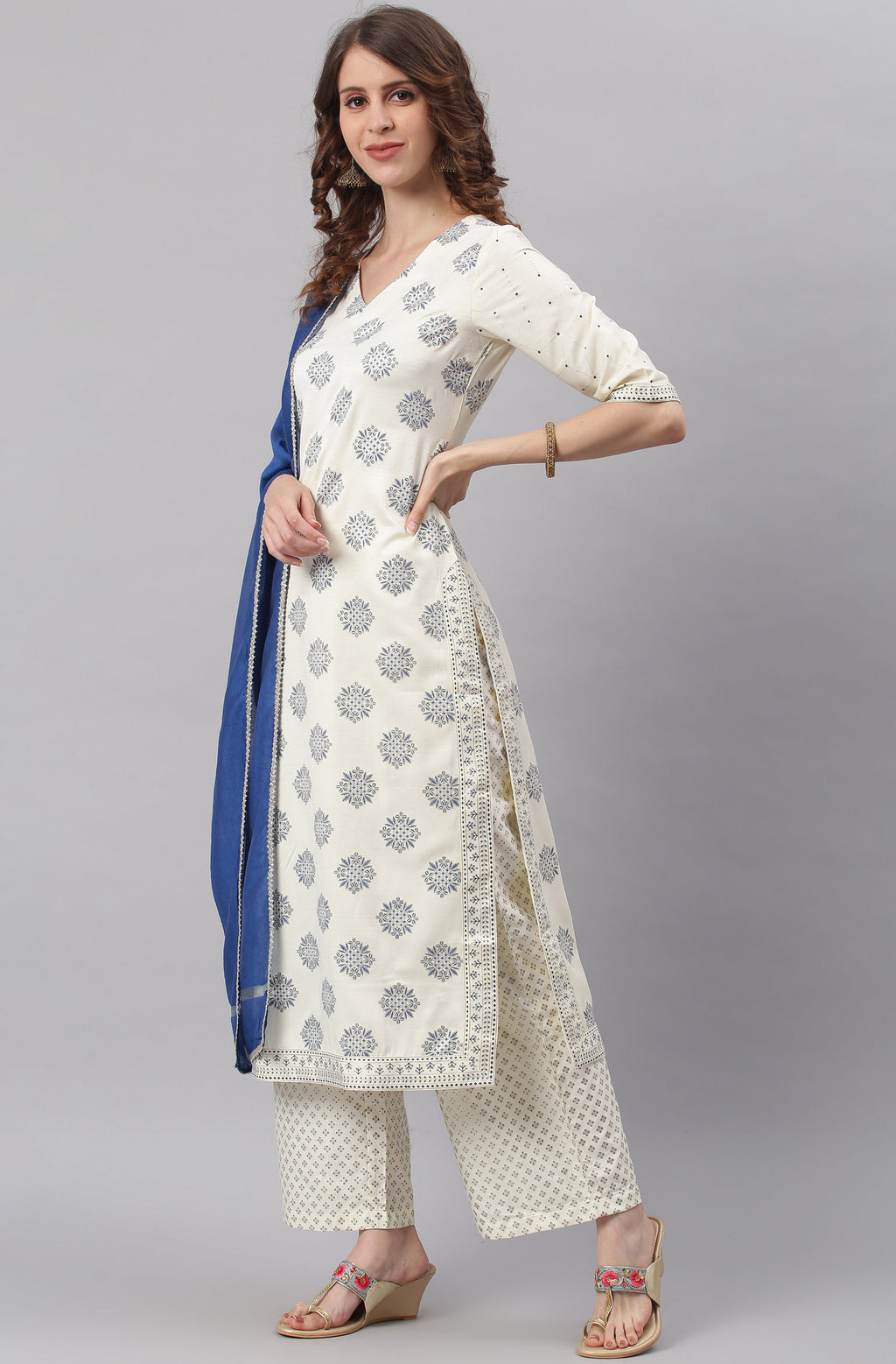 Janasya Women's Off- White Poly Silk Ethnic Motifs Kurta With Palazzo And Dupatta | Grocsy