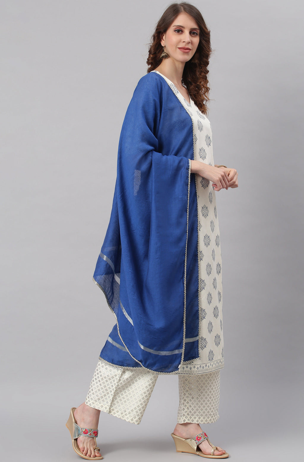 Janasya Women's Off- White Poly Silk Ethnic Motifs Kurta With Palazzo And Dupatta | Grocsy