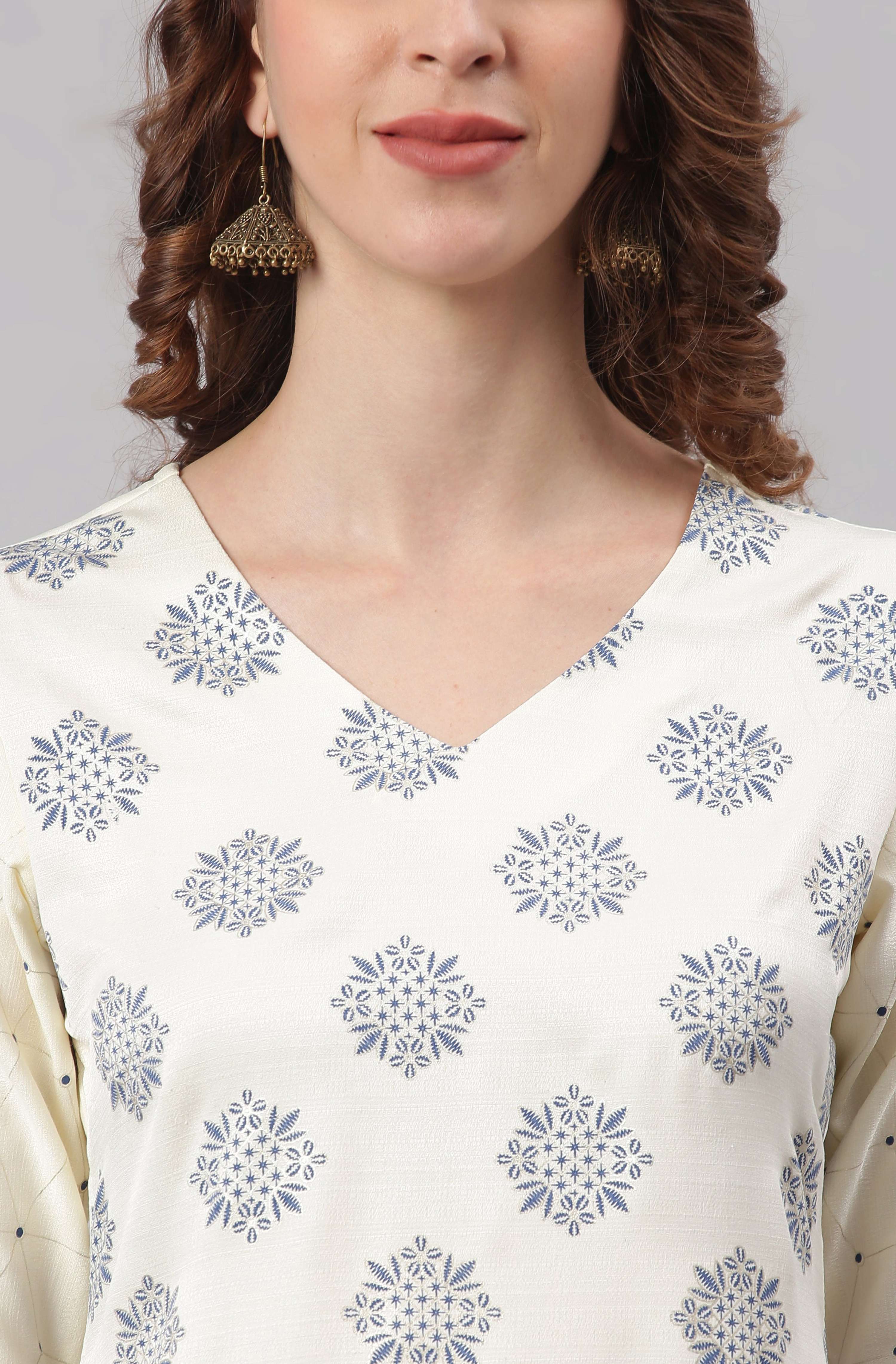 Janasya Women's Off- White Poly Silk Ethnic Motifs Kurta With Palazzo And Dupatta | Grocsy