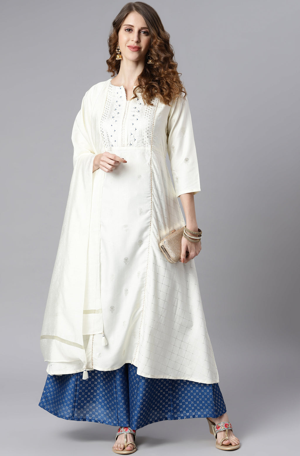 Janasya Women's Off- White Poly Silk Ethnic Motifs Kurta With Palazzo And Dupatta | Grocsy