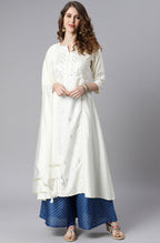 Janasya Women's Off- White Poly Silk Ethnic Motifs Kurta With Palazzo And Dupatta | Grocsy