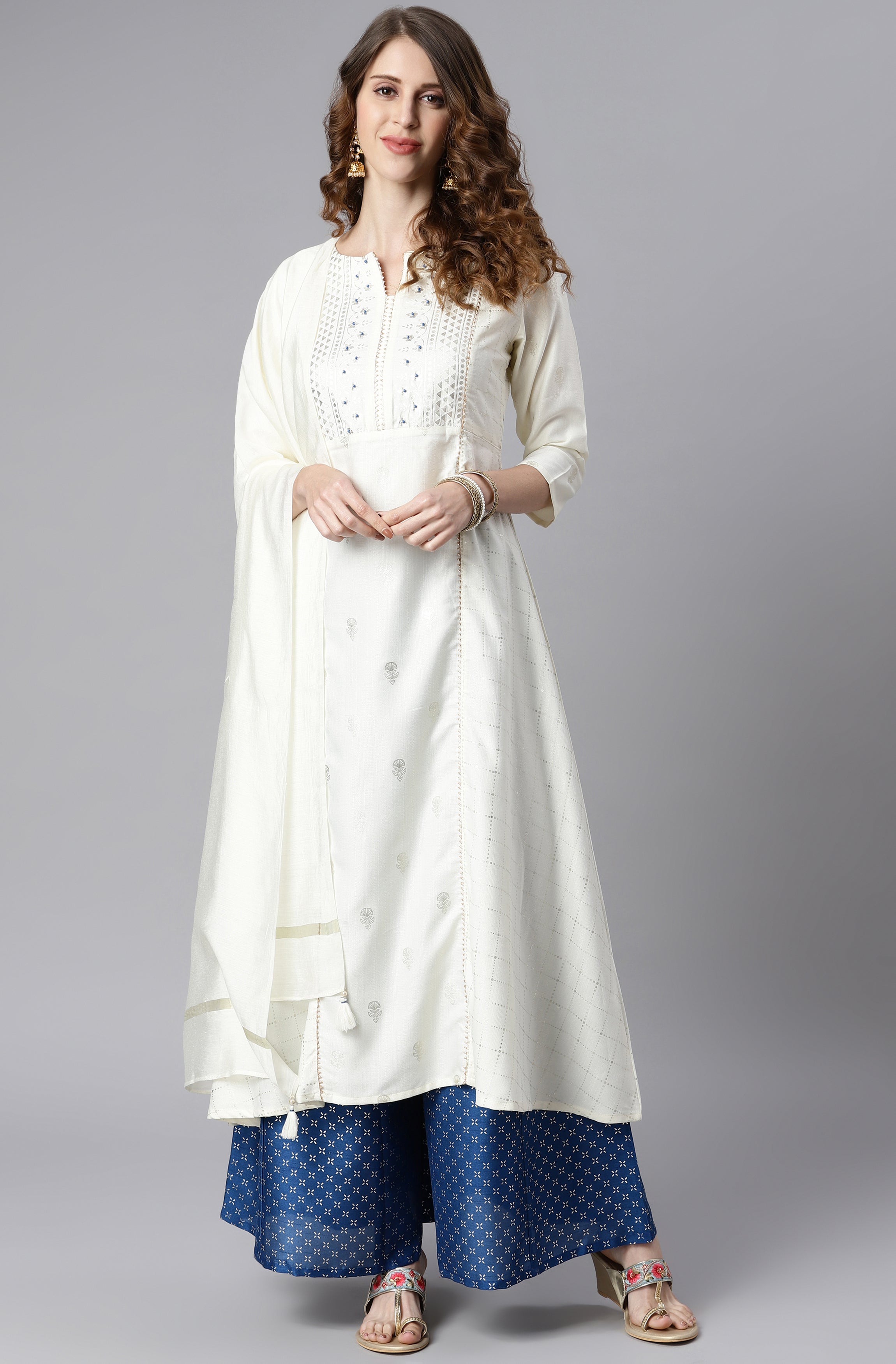 Janasya Women's Off- White Poly Silk Ethnic Motifs Kurta With Palazzo And Dupatta | Grocsy