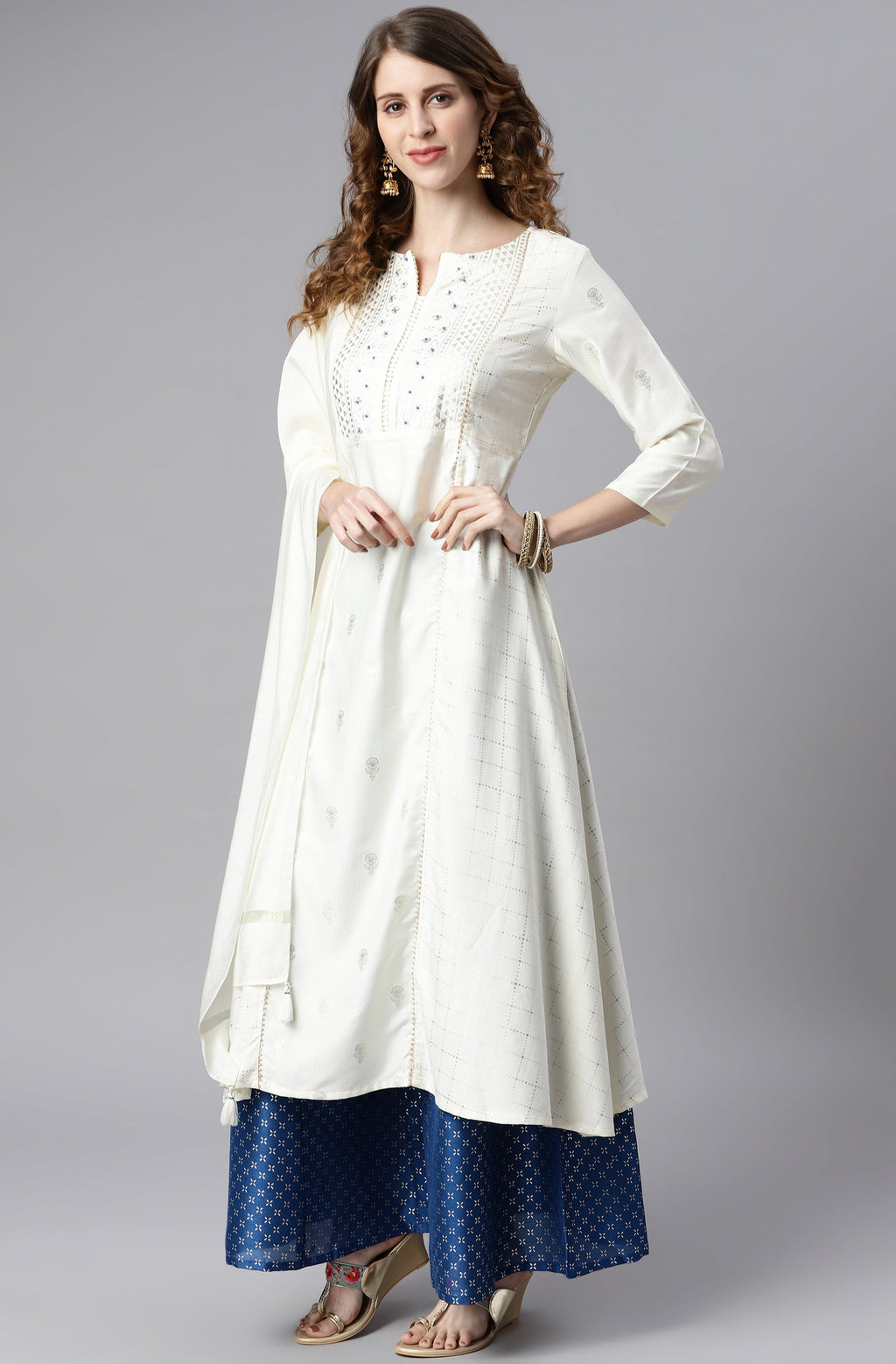 Janasya Women's Off- White Poly Silk Ethnic Motifs Kurta With Palazzo And Dupatta | Grocsy