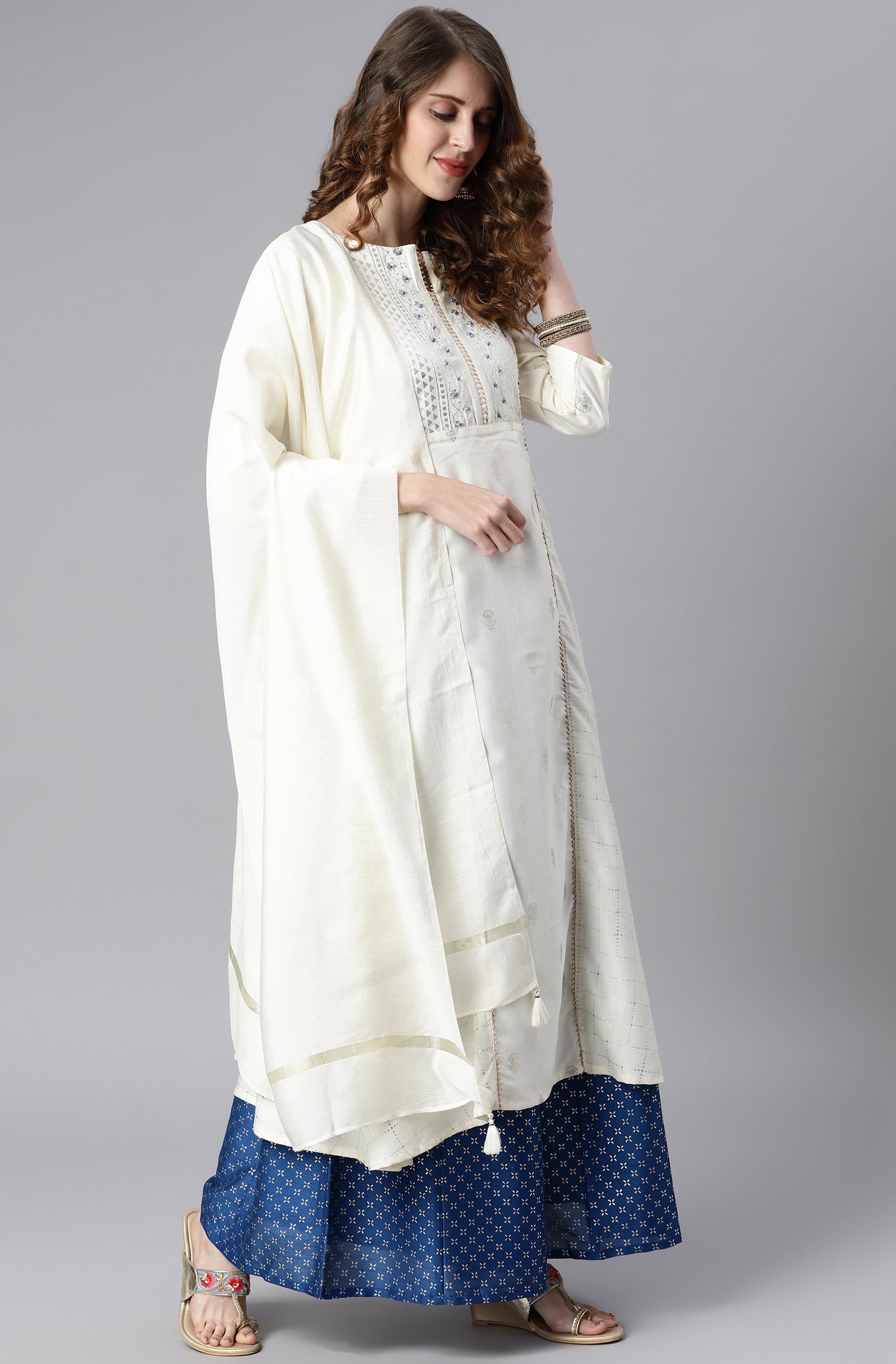 Janasya Women's Off- White Poly Silk Ethnic Motifs Kurta With Palazzo And Dupatta | Grocsy
