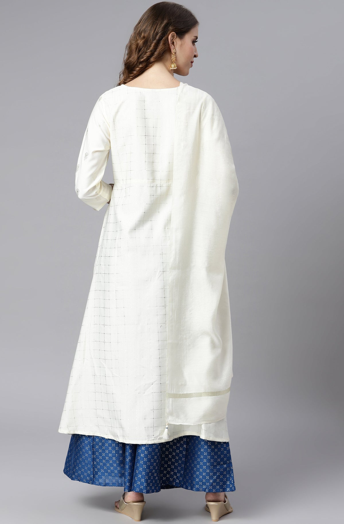 Janasya Women's Off- White Poly Silk Ethnic Motifs Kurta With Palazzo And Dupatta | Grocsy