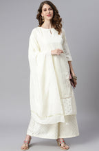 Janasya Women's Off- White Poly Silk Ethnic Motifs Kurta With Palazzo And Dupatta | Grocsy