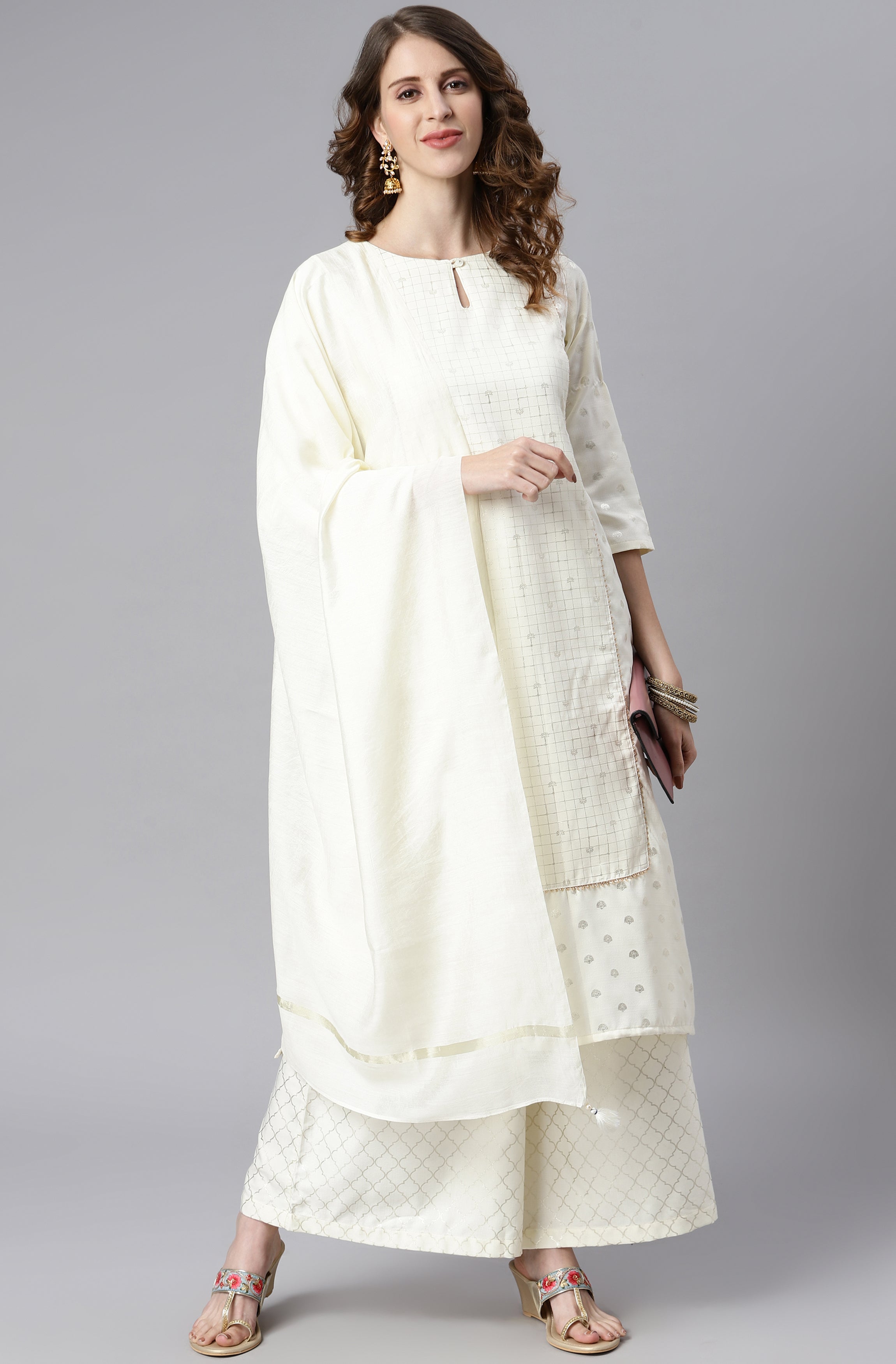 Janasya Women's Off- White Poly Silk Ethnic Motifs Kurta With Palazzo And Dupatta | Grocsy