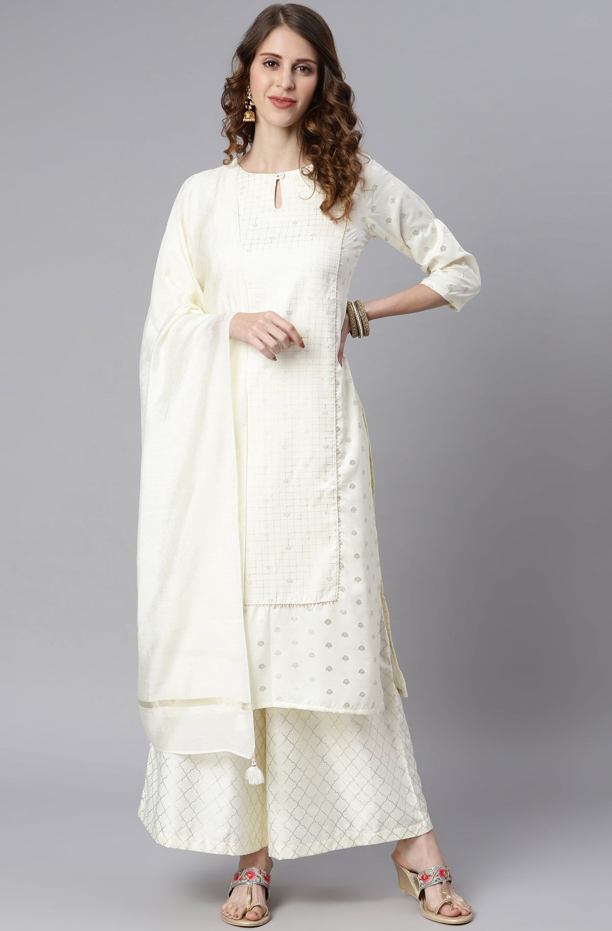 Janasya Women's Off- White Poly Silk Ethnic Motifs Kurta With Palazzo And Dupatta | Grocsy