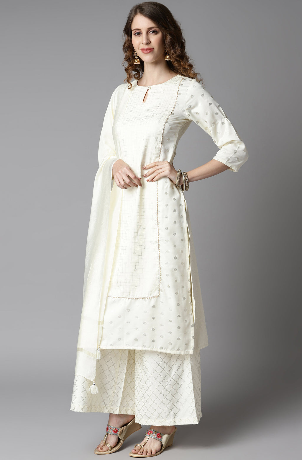Janasya Women's Off- White Poly Silk Ethnic Motifs Kurta With Palazzo And Dupatta | Grocsy