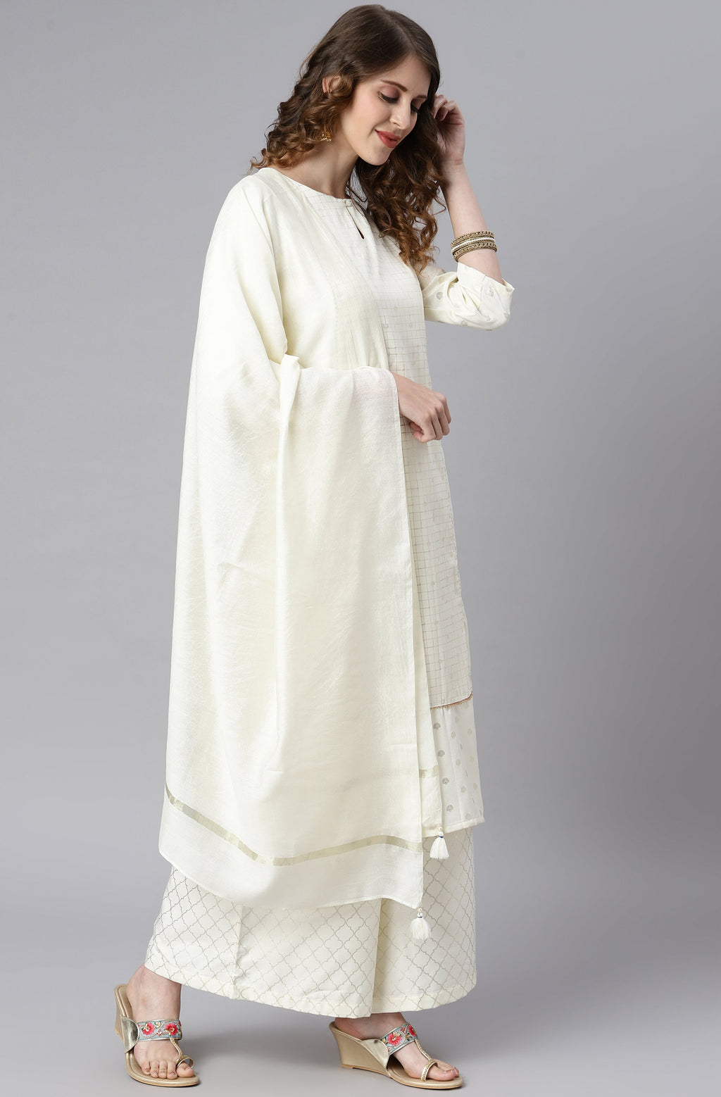 Janasya Women's Off- White Poly Silk Ethnic Motifs Kurta With Palazzo And Dupatta | Grocsy