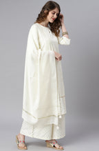 Janasya Women's Off- White Poly Silk Ethnic Motifs Kurta With Palazzo And Dupatta | Grocsy