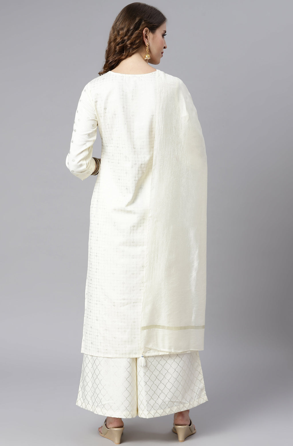 Janasya Women's Off- White Poly Silk Ethnic Motifs Kurta With Palazzo And Dupatta | Grocsy