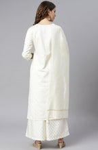 Janasya Women's Off- White Poly Silk Ethnic Motifs Kurta With Palazzo And Dupatta | Grocsy