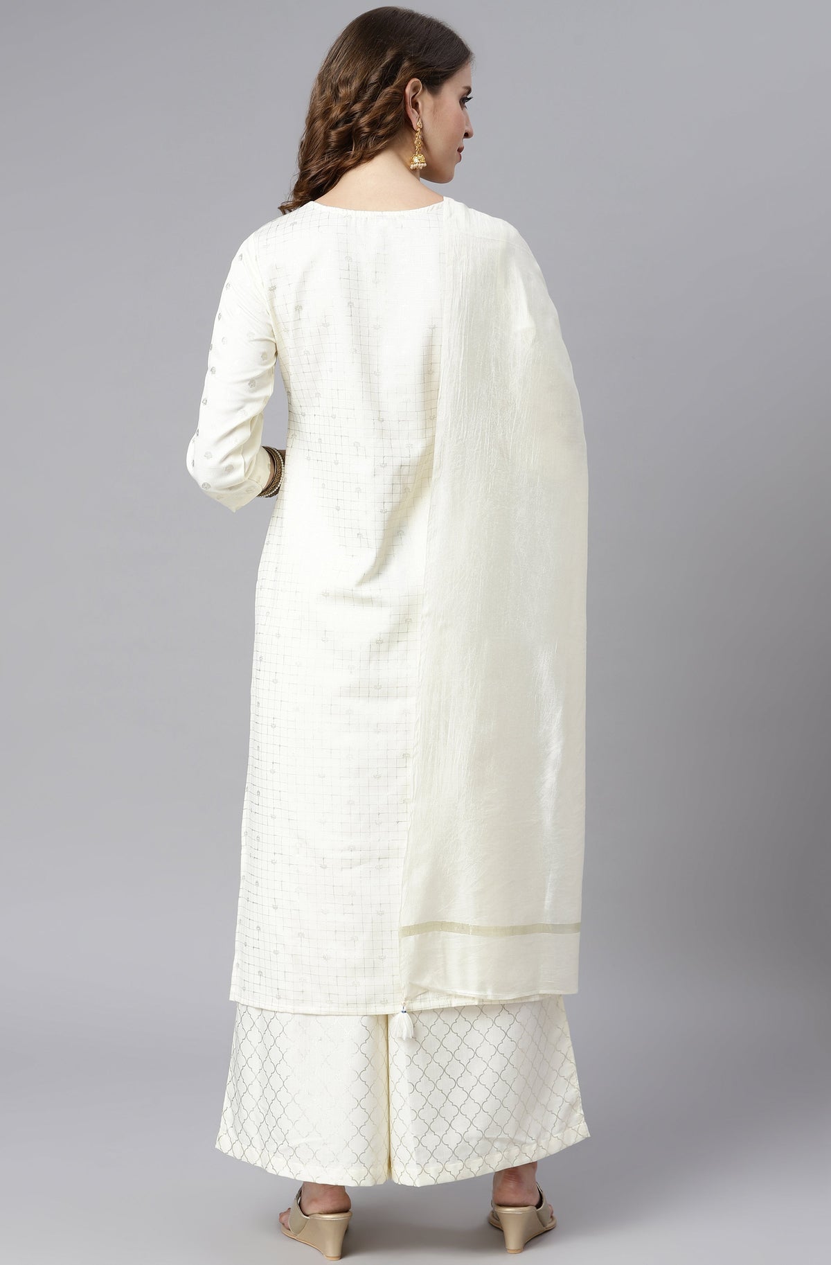 Janasya Women's Off- White Poly Silk Ethnic Motifs Kurta With Palazzo And Dupatta | Grocsy