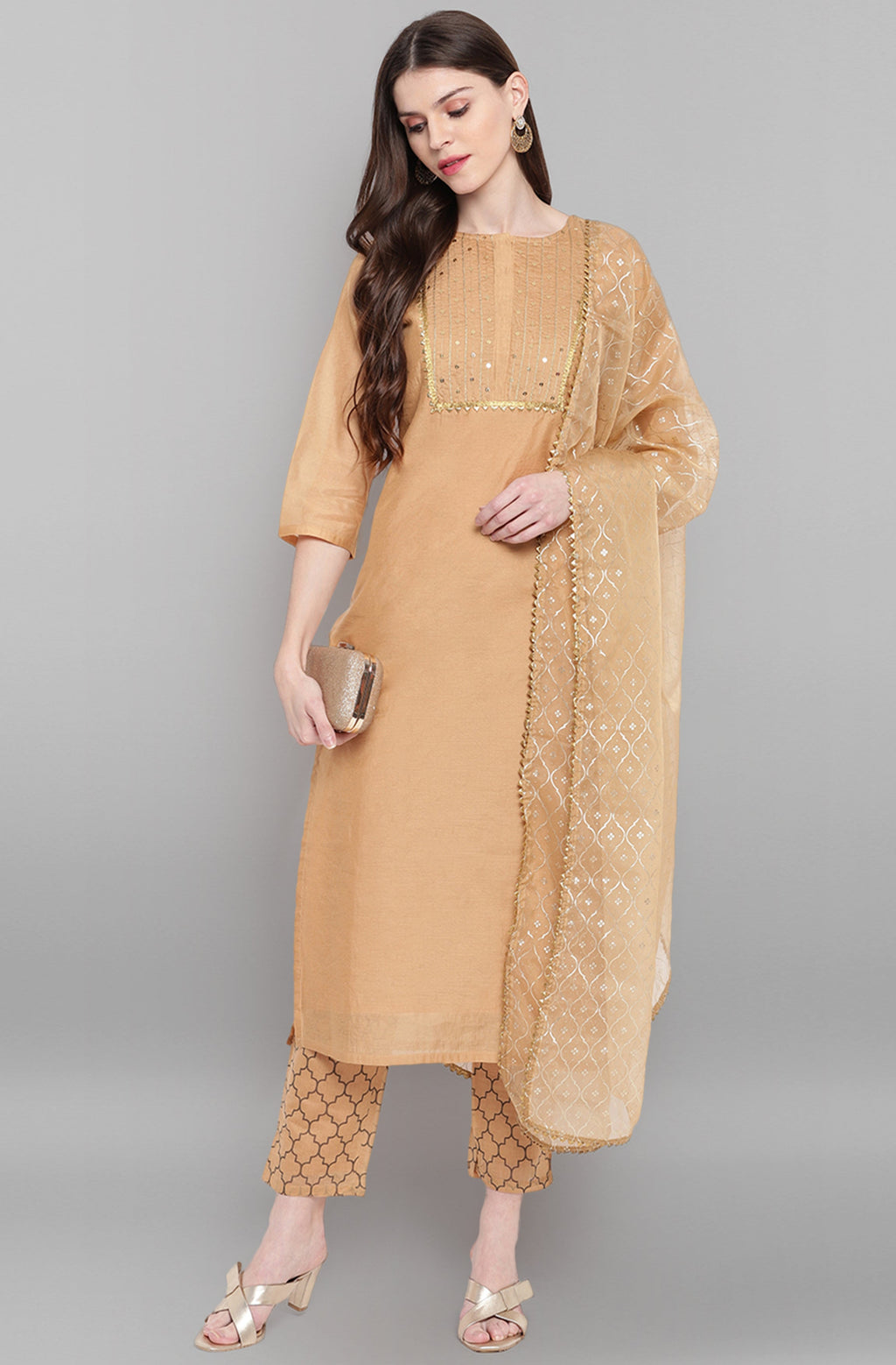 Janasya Women's Gold Poly Chanderi Embellished Kurta With Pant And Dupatta | Grocsy